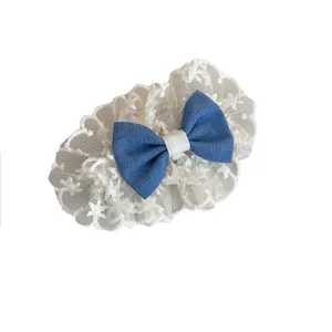 Sweet denim bow hair clip with white lace ruffle border, cute sweet girl side hairpin.