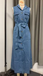Details of sleeveless denim maxi dress with front buttons, chest pockets and waist tie belt