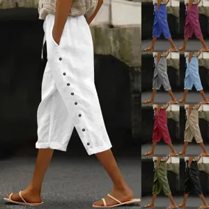 Casual summer women's cropped pants with elastic waist and stylish side buttons, breathable.