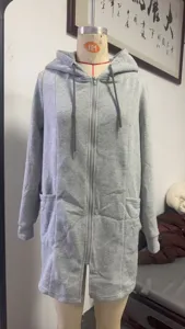 Grey hooded zip sweatshirt detail, casual long fleece hoodie jacket for women autumn winter.