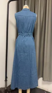 Women sleeveless denim maxi dress with belt, casual back view details of long dress.