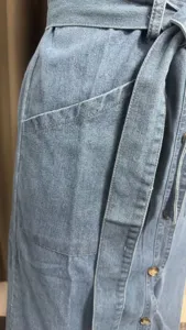 Detail view of women's sleeveless belted single-breasted denim dress in light blue wash.