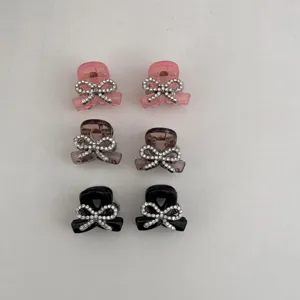 Korean style rhinestone bow small hair claws set, sweet crystal mini hair clips for daily styling.