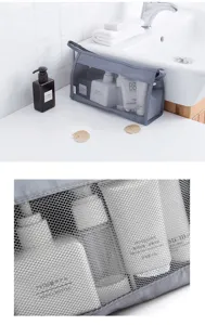 Travel waterproof mesh cosmetic bag with portable handle, large capacity toiletries organizer detail.
