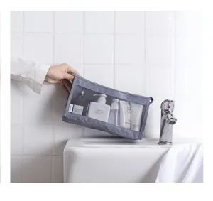 Grey mesh travel toiletry bag portable large capacity cosmetic makeup storage bag with handle