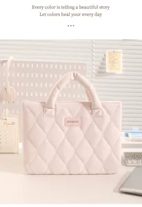 Pink quilted cloud laptop bag for women 13 inch, soft padded sleeve case for travel and work.