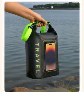 Waterproof dry bag detail shot, transparent phone window, outdoor beach rafting essential.