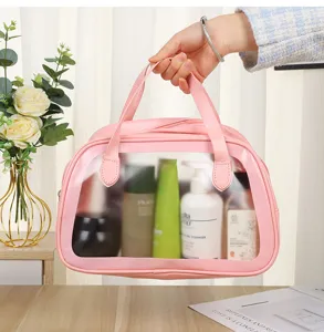 Pink transparent PVC cosmetic bag large capacity waterproof travel toiletry bag with handle