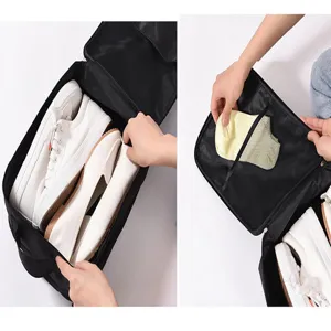 Detail view of portable travel shoe bag showing large capacity inner compartments.