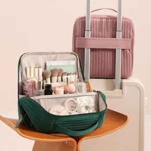 Large capacity standing cosmetic bag for women, multi-functional travel makeup storage.