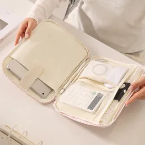 Multi-functional 11-inch tablet sleeve bag with storage compartments, pink organizer pouch.