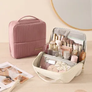 Large capacity standing makeup bag portable travel cosmetic organizer with multi compartments