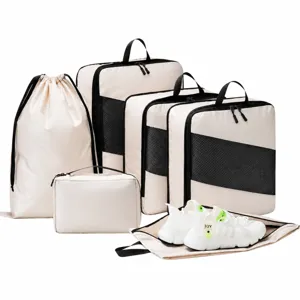 Compression travel packing cubes set, beige quilted luggage organizer bags for suitcase.