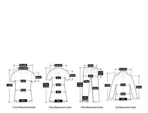 Size chart and measurement guide for women's clothing, detailed dimensions for top pants and dress.