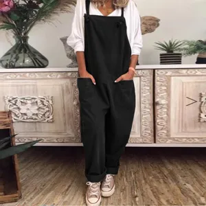 Detailed view of casual black loose overalls with white top, comfortable daily wear style.
