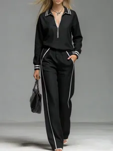 Stylish contrast stripe long sleeve top and pants tracksuit set detail view for casual wear.