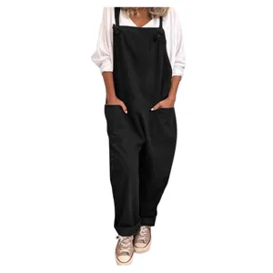 Casual loose black overall jumpsuit with white long sleeve top, comfortable daily wear style.