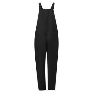 Black casual solid color overalls long pants detail view, comfortable daily wear style.