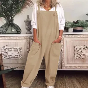 Women casual khaki loose overalls jumpsuit with multiple pockets, comfortable daily wear