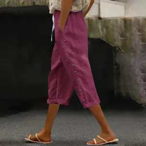 Detail view of women casual cropped trousers with side buttons elastic waist and comfortable fit.
