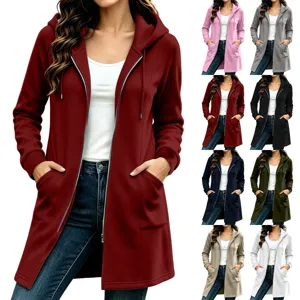 Women long fleece zip up hoodie casual solid color sweatshirt with functional pockets color variants.