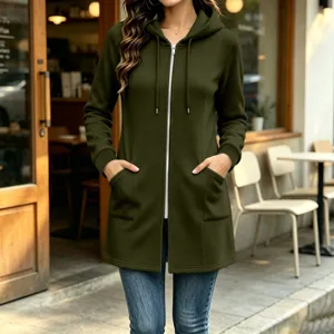 Women's long zip-up fleece hoodie jacket casual solid color outerwear with pockets green