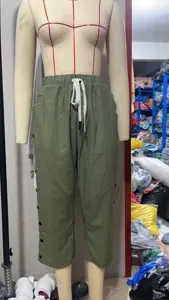 Women casual capri pants summer new elastic waist drawstring solid green cropped trousers.
