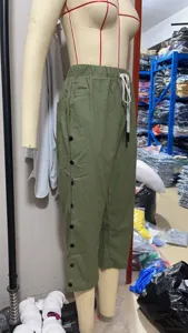 Women Casual Summer Cropped Pants Elastic Waist Drawstring Side Buttons Green Trousers
