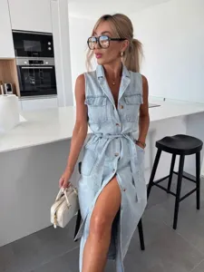 Sleeveless light blue denim midi dress with button front and belted waist for women.