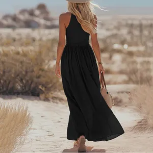 Robe longue maxi noire sans manches pour femme élégante tenue d'été style décontracté