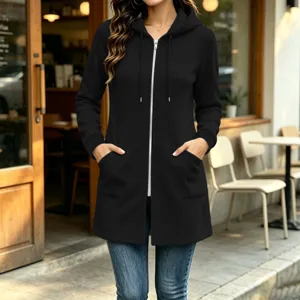 Women's black long zip-up fleece hoodie jacket with front pockets and adjustable drawstrings.