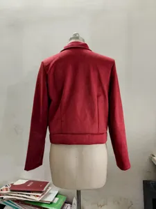 Red suede cropped lapel jacket for women, stylish slim fit autumn winter outerwear back view.