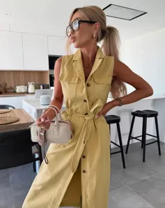 Women's sleeveless belted denim dress, yellow single-breasted utility midi dress.