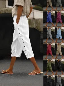 Women Casual Cotton Linen Ramie Spandex Capri Pants Elastic Waist Drawstring Summer Wide Leg Seven-Point Trousers With Side Button Decoration Breathable Loose Fit Commuting Fashion Pants