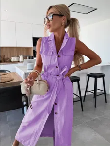 Sleeveless denim midi dress with button front and waist belt, casual purple summer wear.