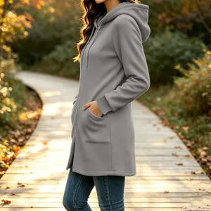 Women's solid grey fleece zip up long hoodie jacket for women outdoor casual wear detail view.