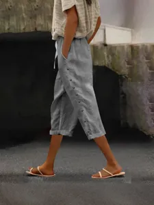 Summer casual women's cropped trousers elastic waist solid color breathable summer pants