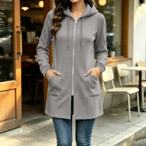 Women long fleece hooded sweatshirt solid color zip up casual coat with deep pockets.
