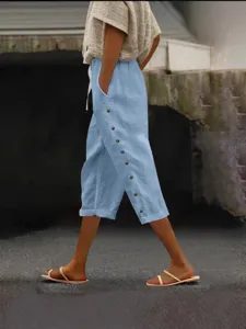 2025 Summer Women Casual Cropped Pants Elastic Waist Side Button Light Blue Breathable
