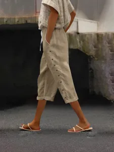 Women summer casual linen cropped pants elastic high waist side button trousers comfy apparel