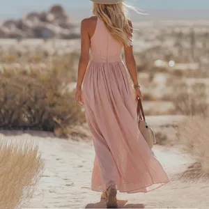 Robe longue femme été sans manches unie couleur rose élégante look désert lifestyle