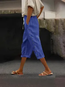 Summer casual cropped pants for women, elastic waist with stylish side buttons, breathable.