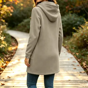 Women's autumn long hooded solid color fleece sweatshirt jacket casual outerwear