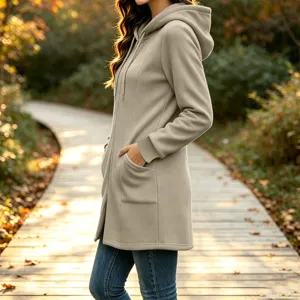 Women's fleece hooded zip-up long casual coat autumn winter solid color jacket outerwear
