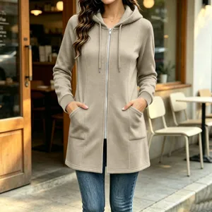 Khaki long zip-up hoodie detail view, showing pocket and drawstring features for autumn wear.