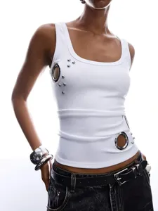 White ribbed camisole featuring metal grommet cut-out details, stylish streetwear design.