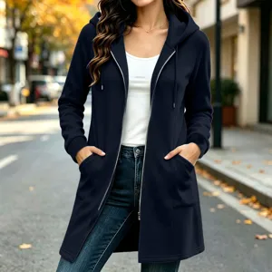 Women Autumn Winter Solid Color Loose Long Zip Hoodie Jacket Fleece Long Sleeve Outerwear