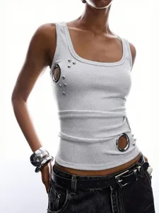 Grey ribbed cutout tank top featuring metal grommets and studs for a edgy street style look.