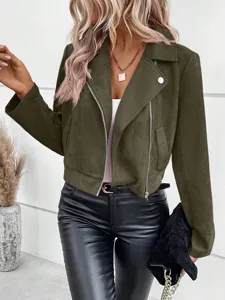 Close-up detail shot of the stylish olive green suede biker jacket with front metal zippers.