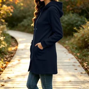 Women's long fleece hooded sweatshirt jacket in dark blue with front zip and pockets.